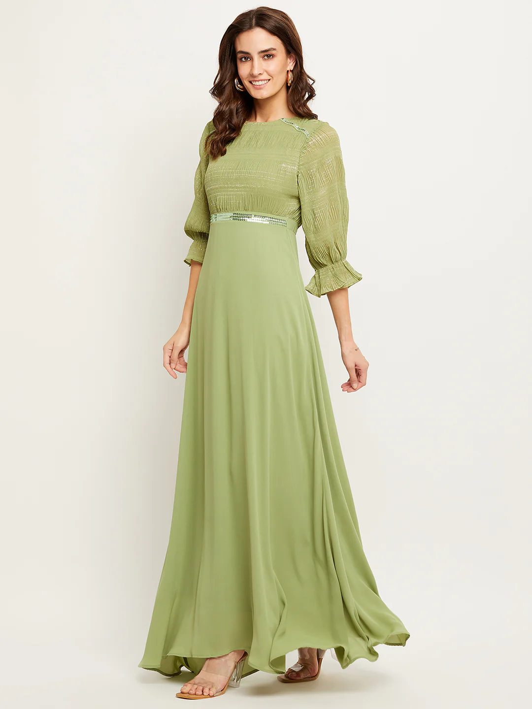 Madame Green Embellished Puff Sleeve Fit-Flare Dress - Image 5