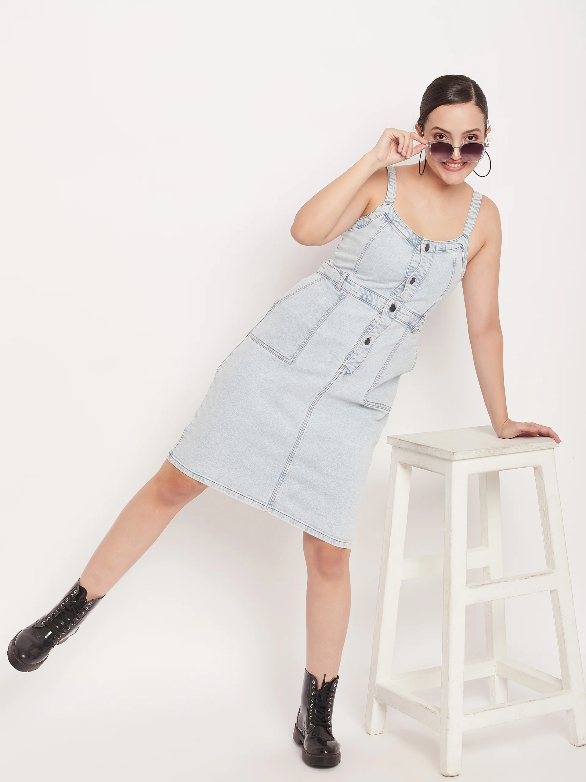 Madame Light Blue Denim Sleeveless Shift Dress - Image 2