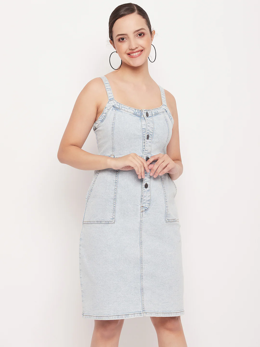 Madame Light Blue Denim Sleeveless Shift Dress - Image 3