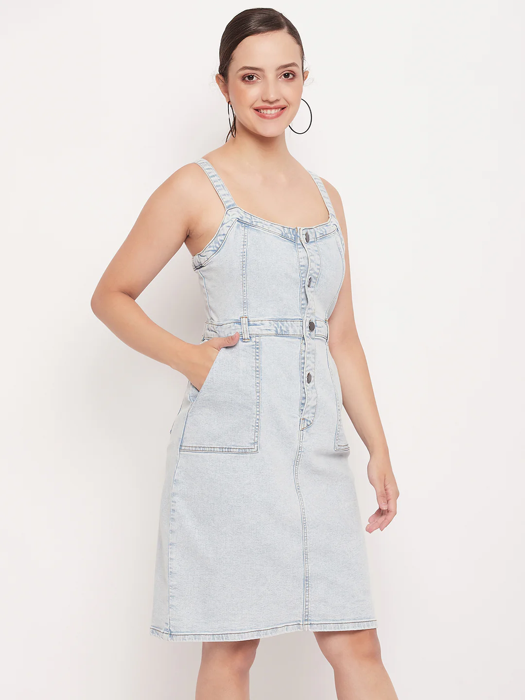 Madame Light Blue Denim Sleeveless Shift Dress - Image 4