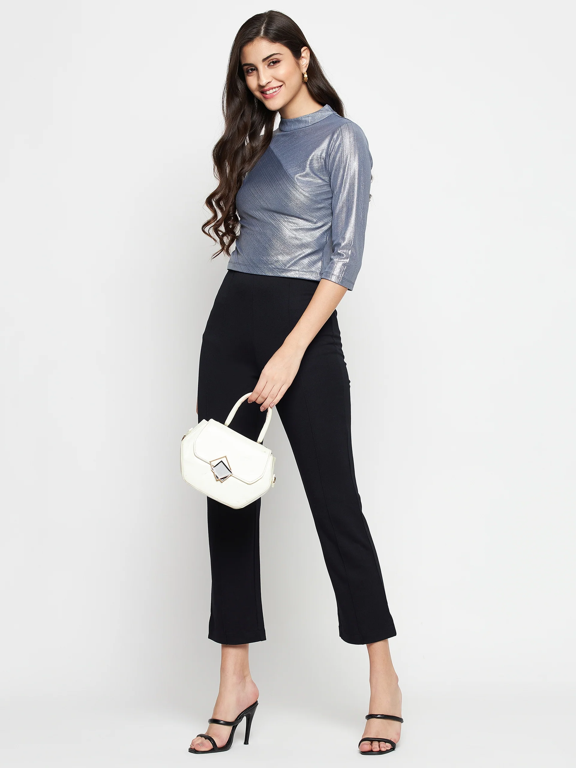 Madame Shimmering Asymmetrical Seam Detail Grey Top - Image 2
