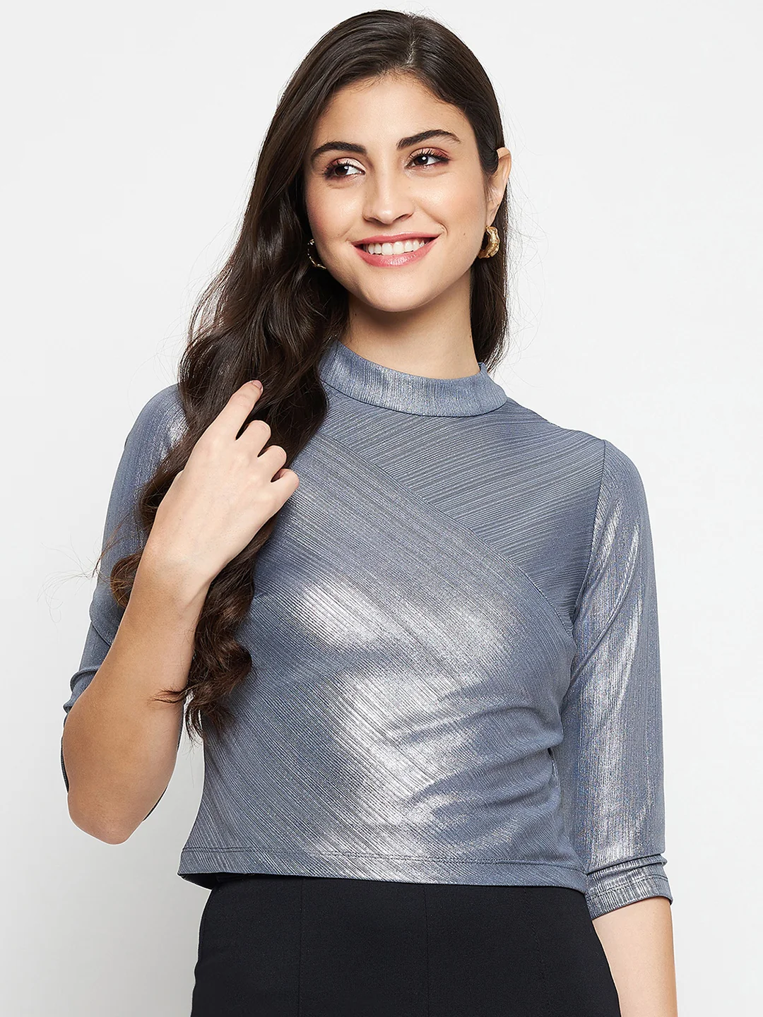 Madame Shimmering Asymmetrical Seam Detail Grey Top - Image 3