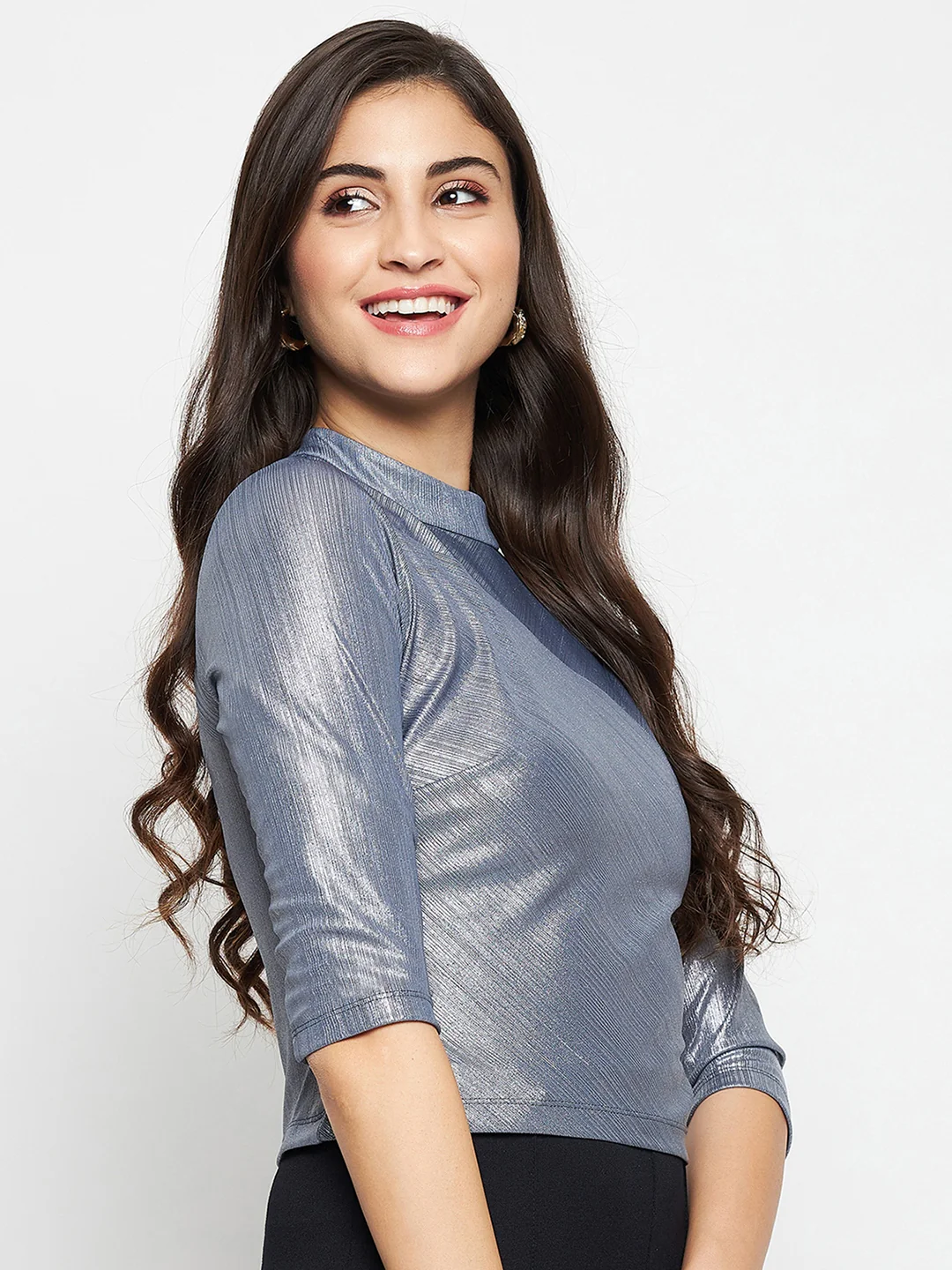 Madame Shimmering Asymmetrical Seam Detail Grey Top - Image 4