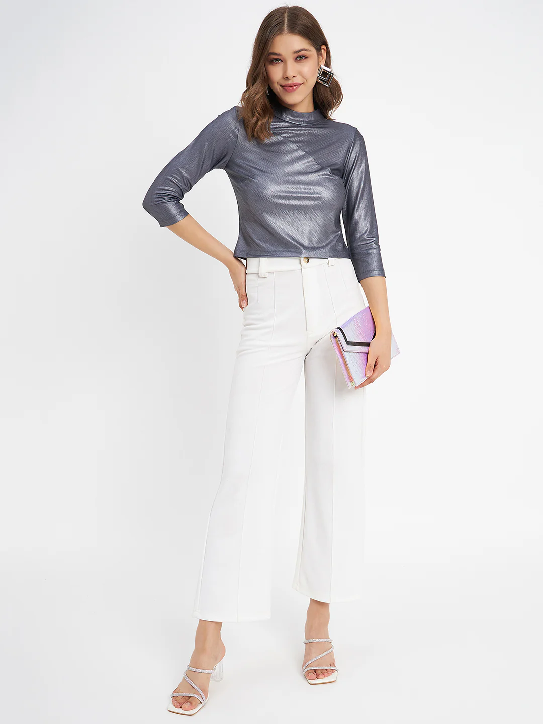 Madame Shimmering Asymmetrical Seam Detail Navy Blue Top - Image 2