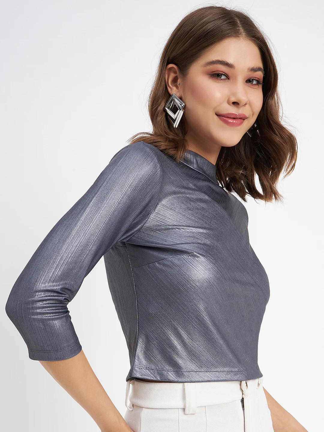 Madame Shimmering Asymmetrical Seam Detail Navy Blue Top - Image 4