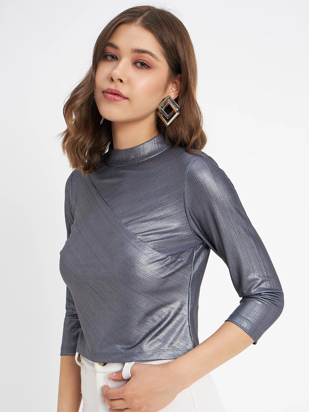 Madame Shimmering Asymmetrical Seam Detail Navy Blue Top - Image 5