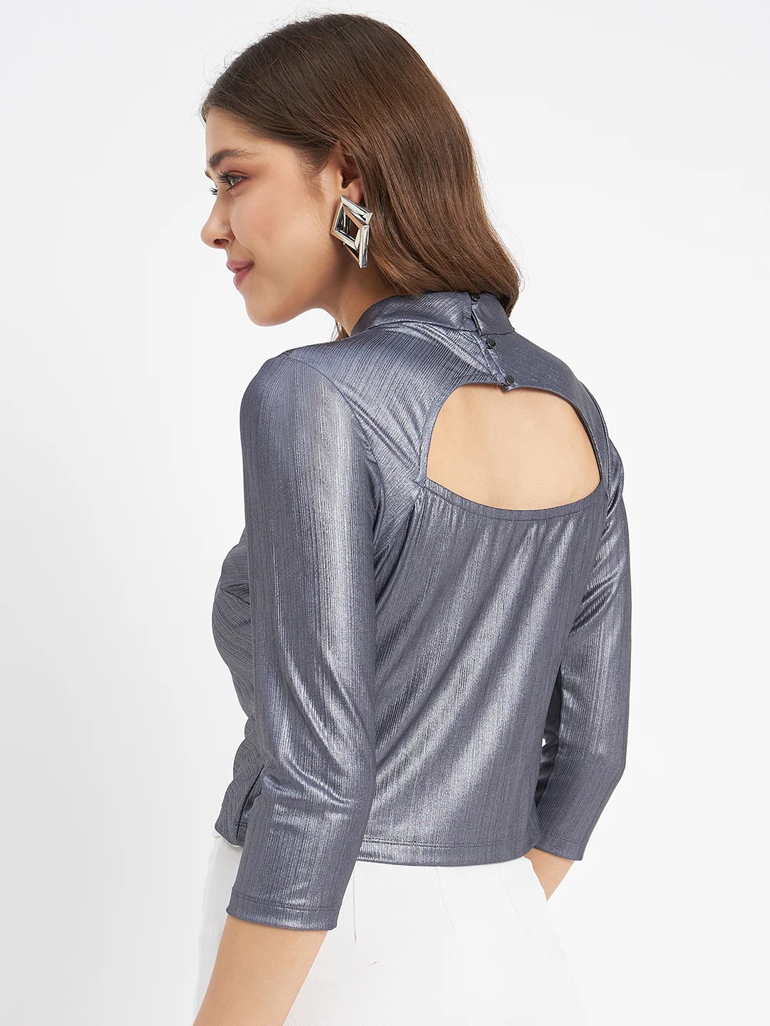 Madame Shimmering Asymmetrical Seam Detail Navy Blue Top - Image 6