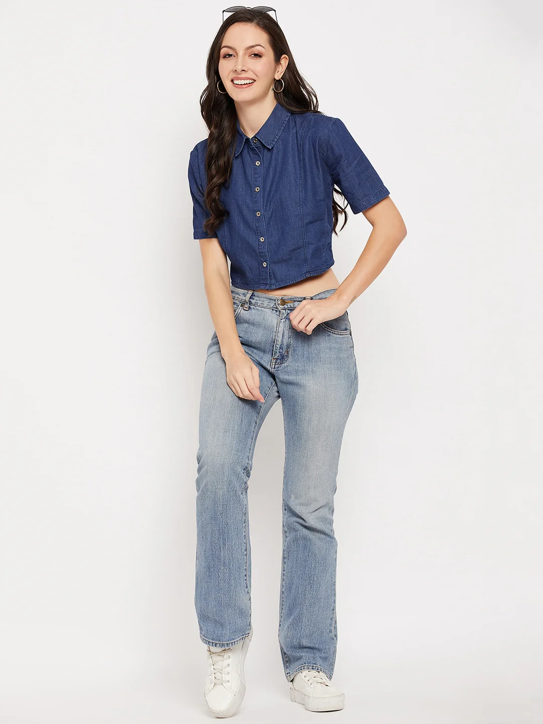 Madame Shirt Collar Denim Crop Top - Image 2