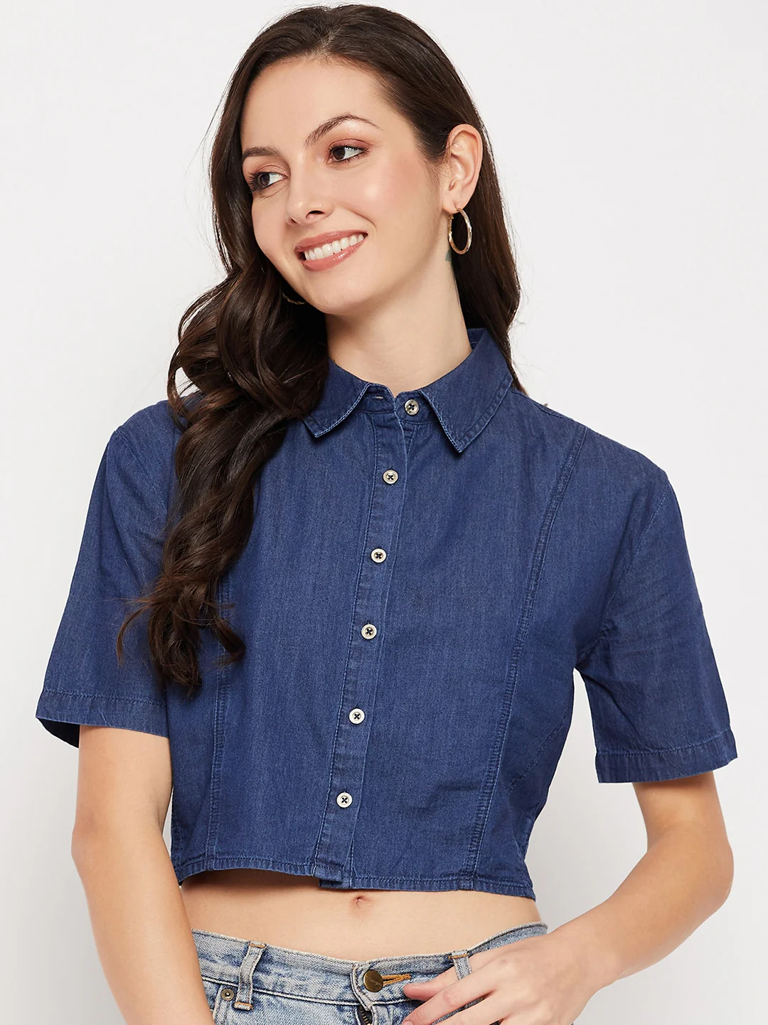 Madame Shirt Collar Denim Crop Top - Image 3