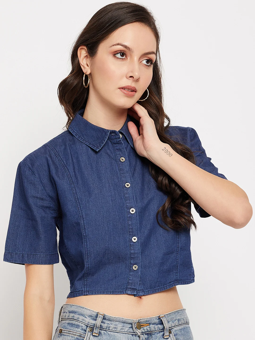 Madame Shirt Collar Denim Crop Top - Image 4