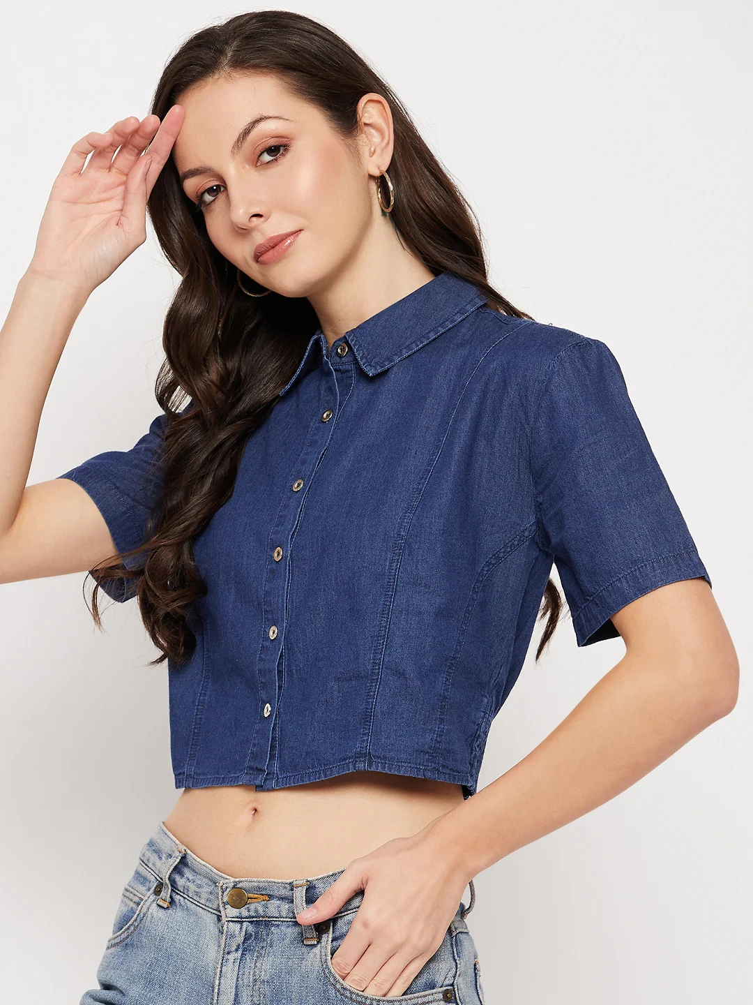 Madame Shirt Collar Denim Crop Top - Image 5