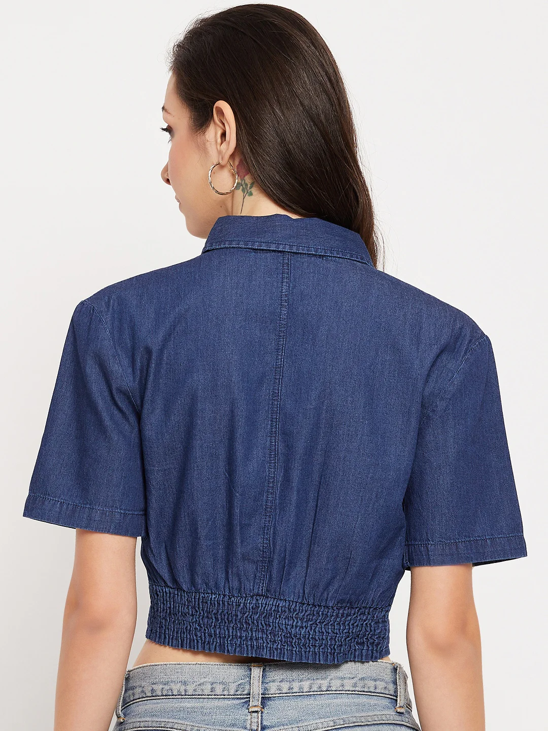 Madame Shirt Collar Denim Crop Top - Image 6