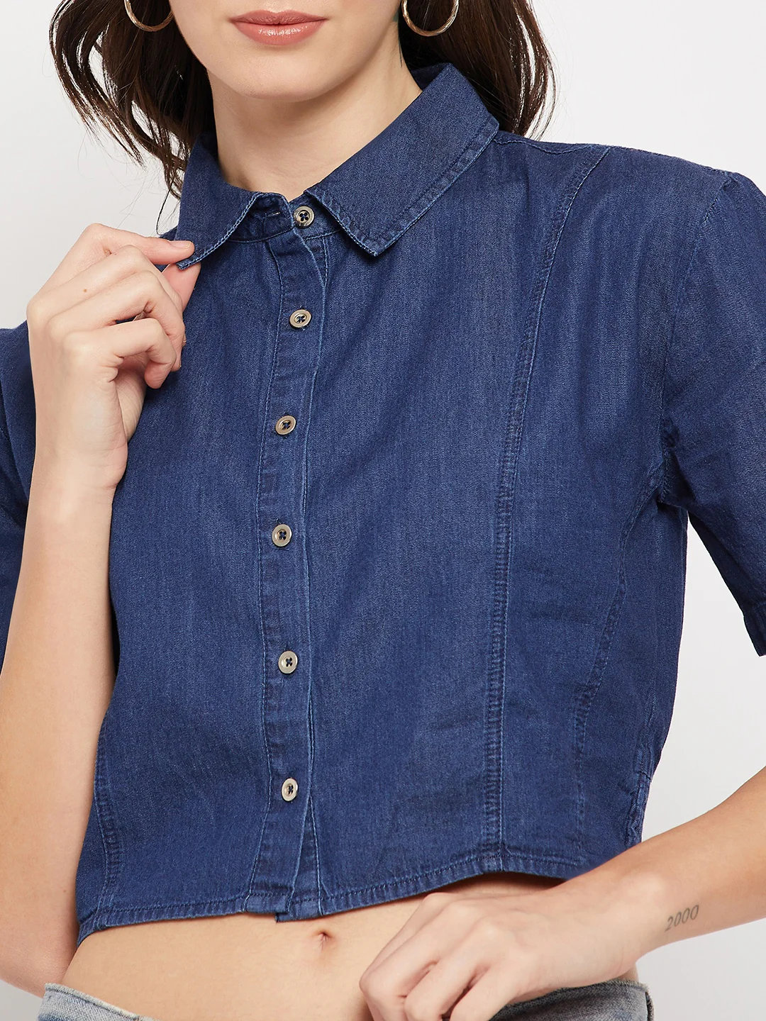 Madame Shirt Collar Denim Crop Top - Image 7