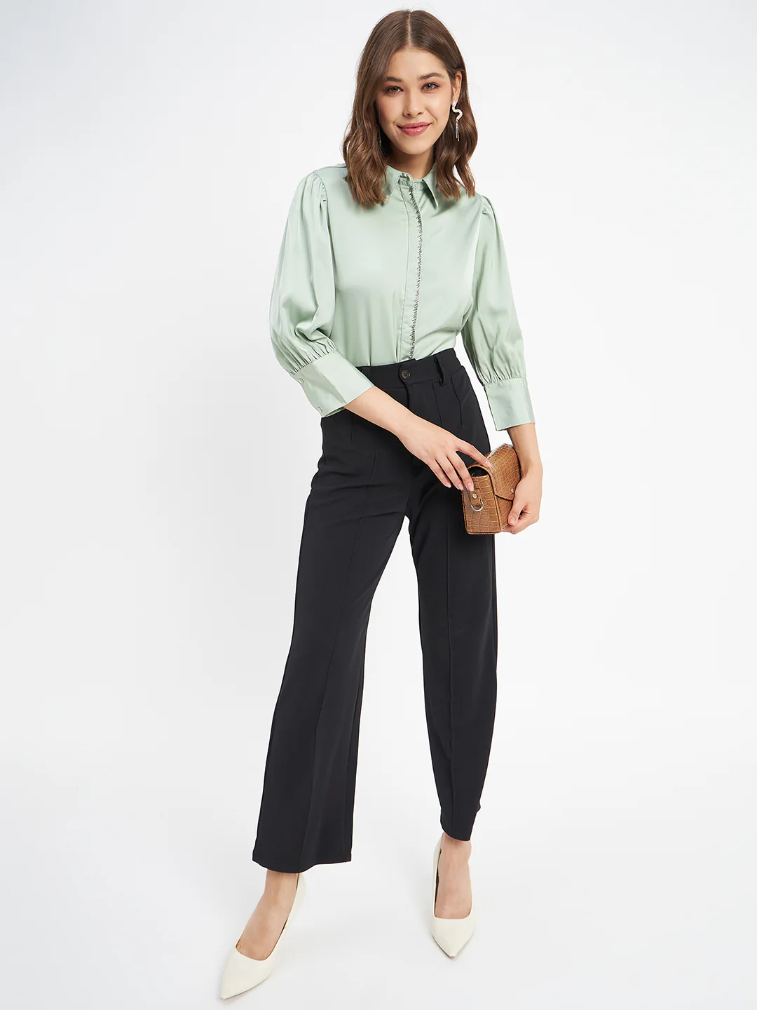 Madame Embellished Button Placket Solid Pista Green Shirt - Image 2