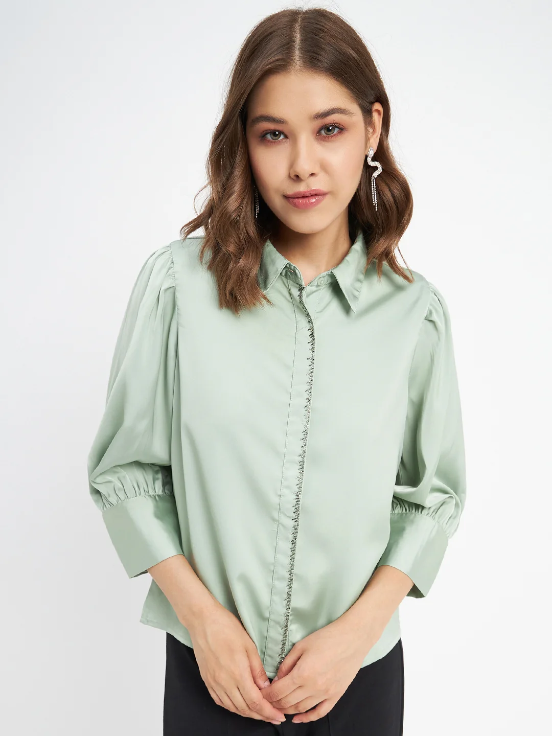 Madame Embellished Button Placket Solid Pista Green Shirt - Image 3