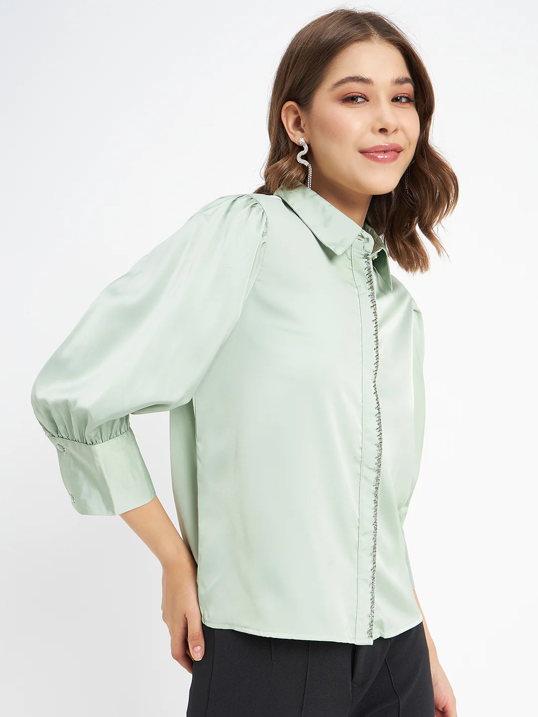 Madame Embellished Button Placket Solid Pista Green Shirt - Image 4