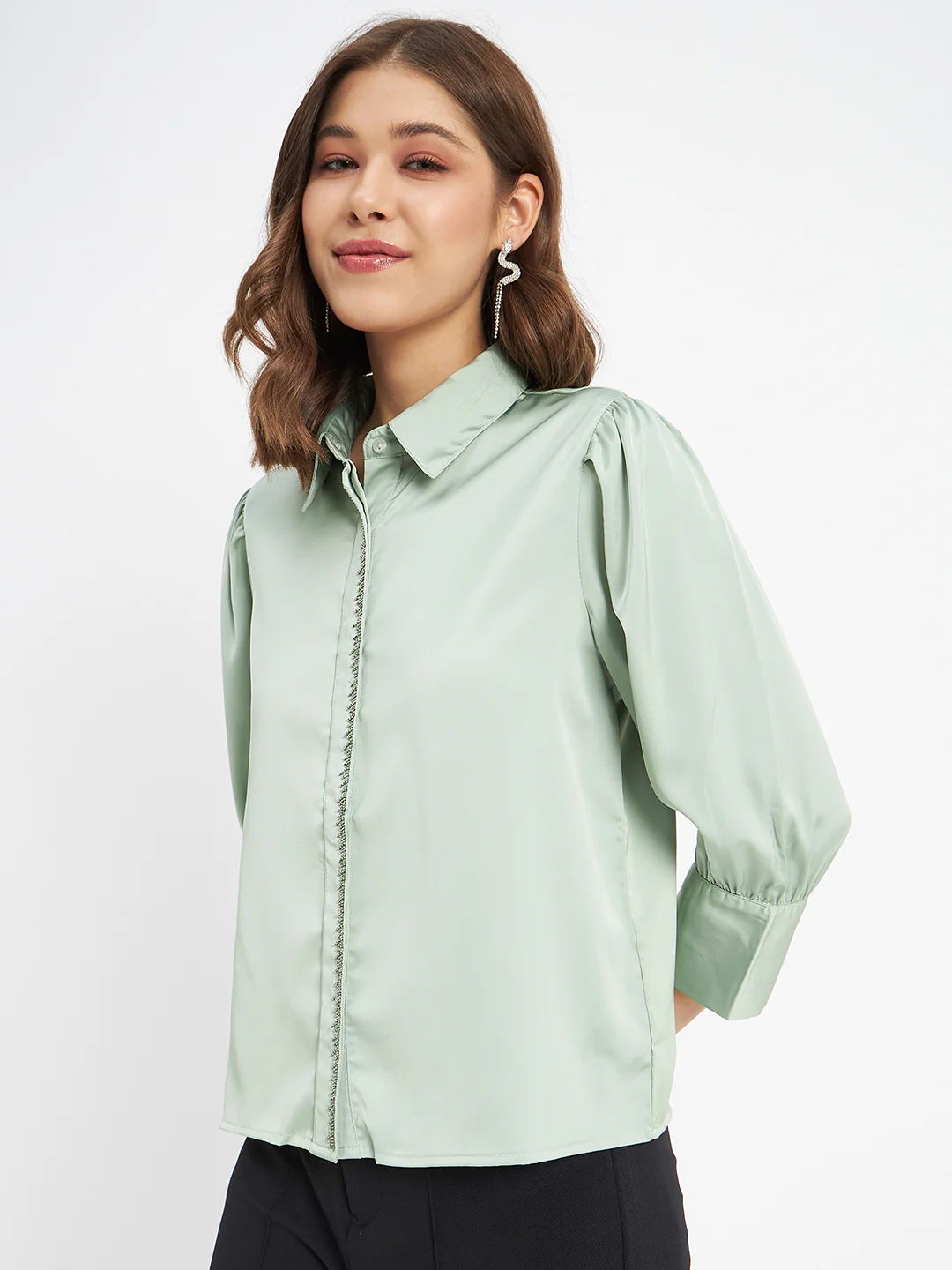 Madame Embellished Button Placket Solid Pista Green Shirt - Image 5