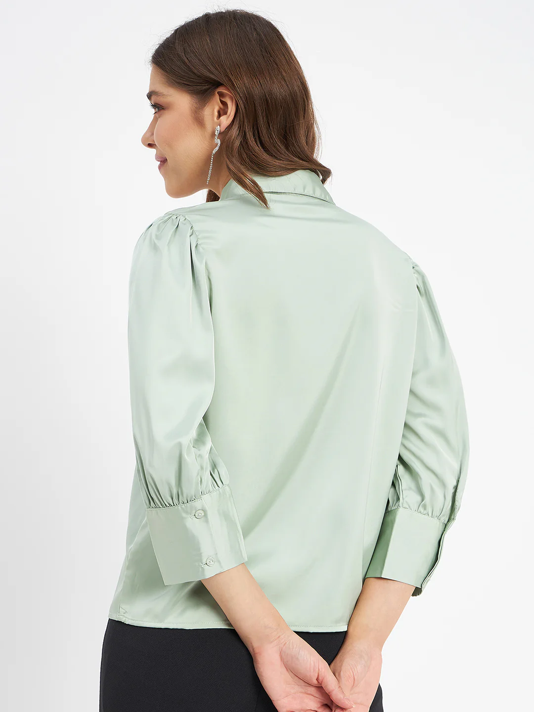 Madame Embellished Button Placket Solid Pista Green Shirt - Image 6