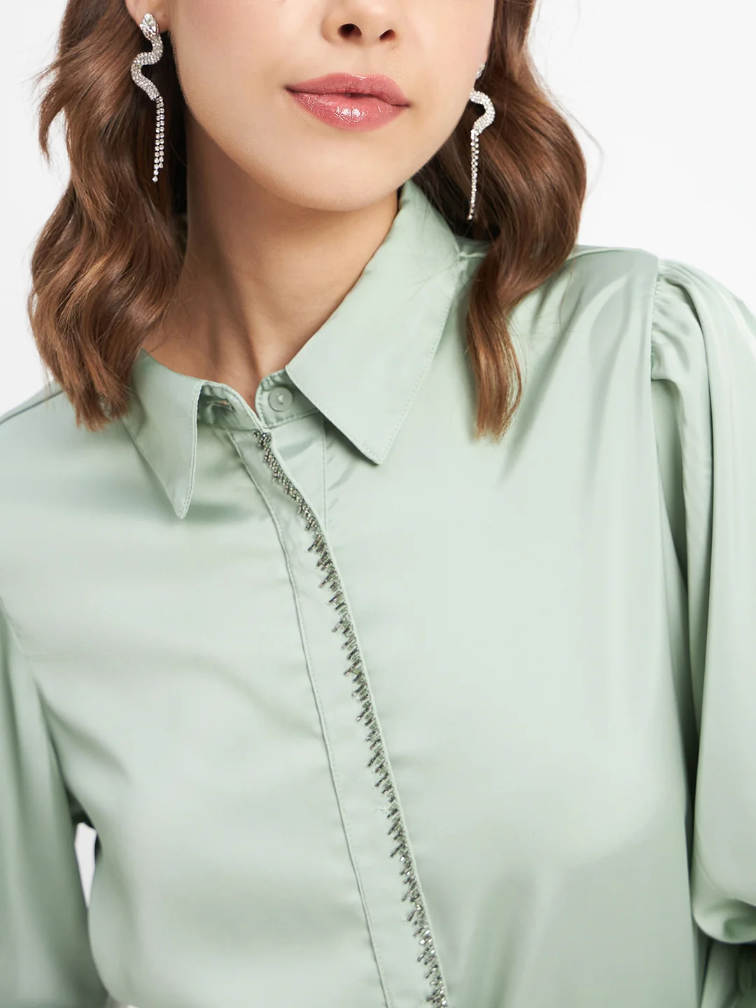 Madame Embellished Button Placket Solid Pista Green Shirt - Image 7