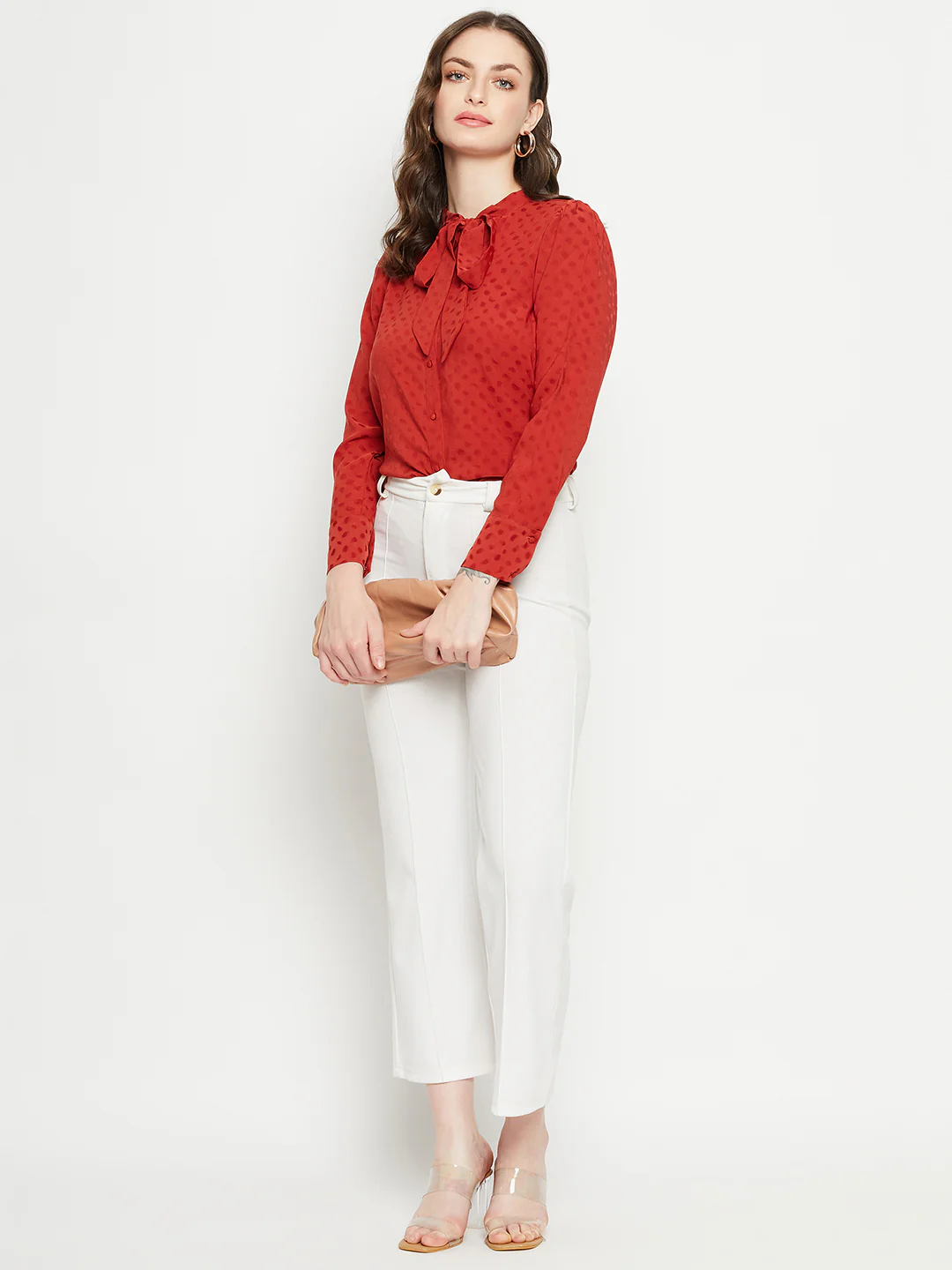 Madame Tie-Up Neck Solid Rust Orange Shirt - Image 3