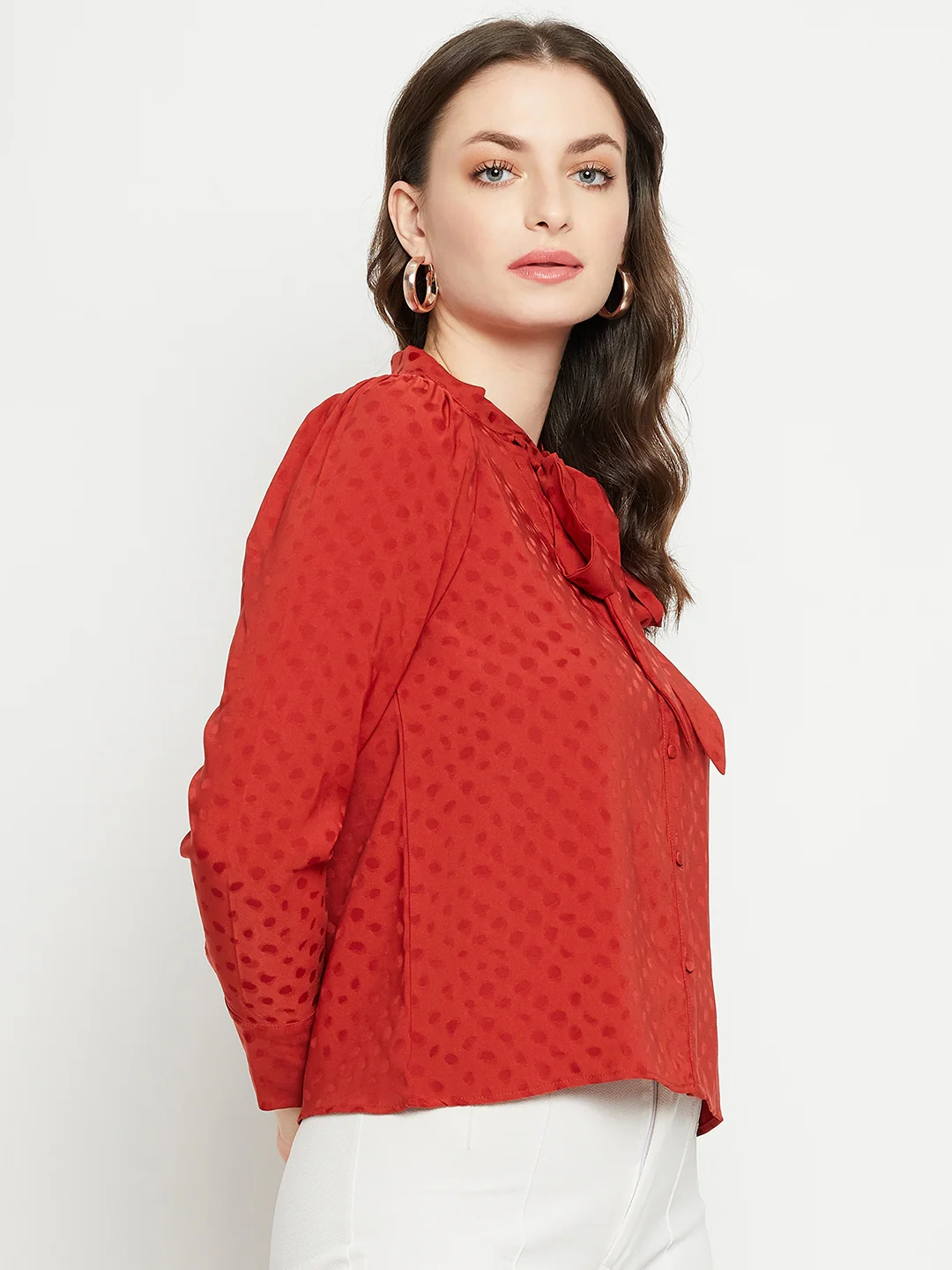 Madame Tie-Up Neck Solid Rust Orange Shirt - Image 4