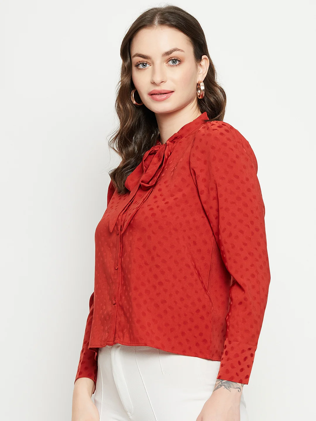 Madame Tie-Up Neck Solid Rust Orange Shirt - Image 5