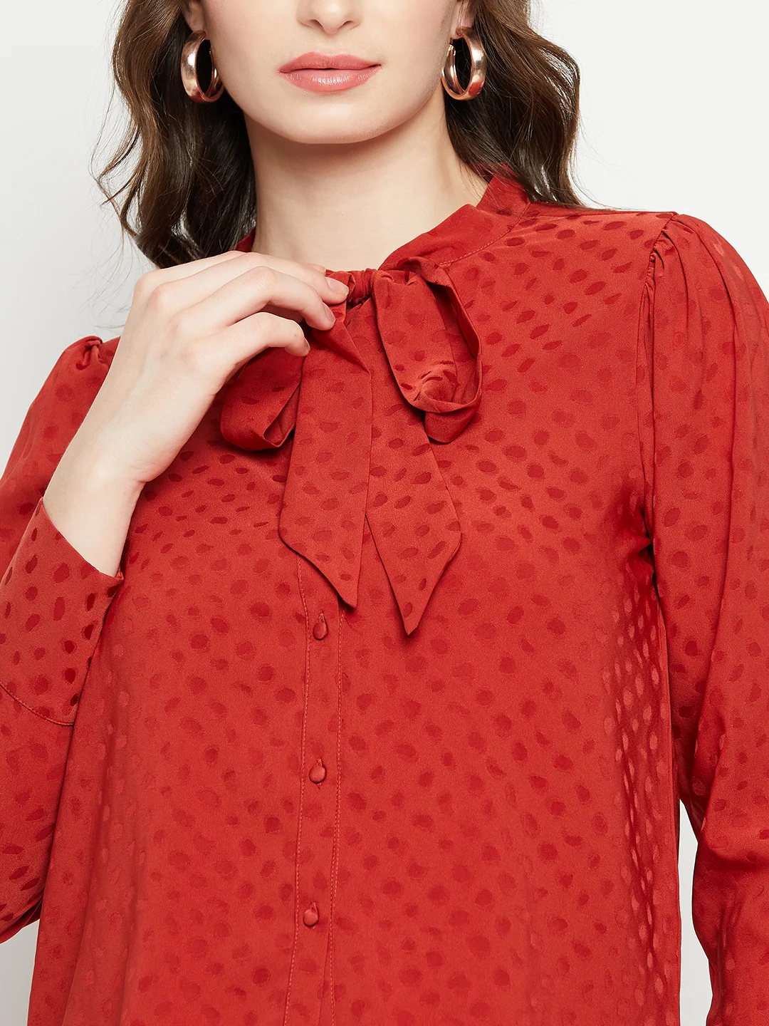 Madame Tie-Up Neck Solid Rust Orange Shirt - Image 7