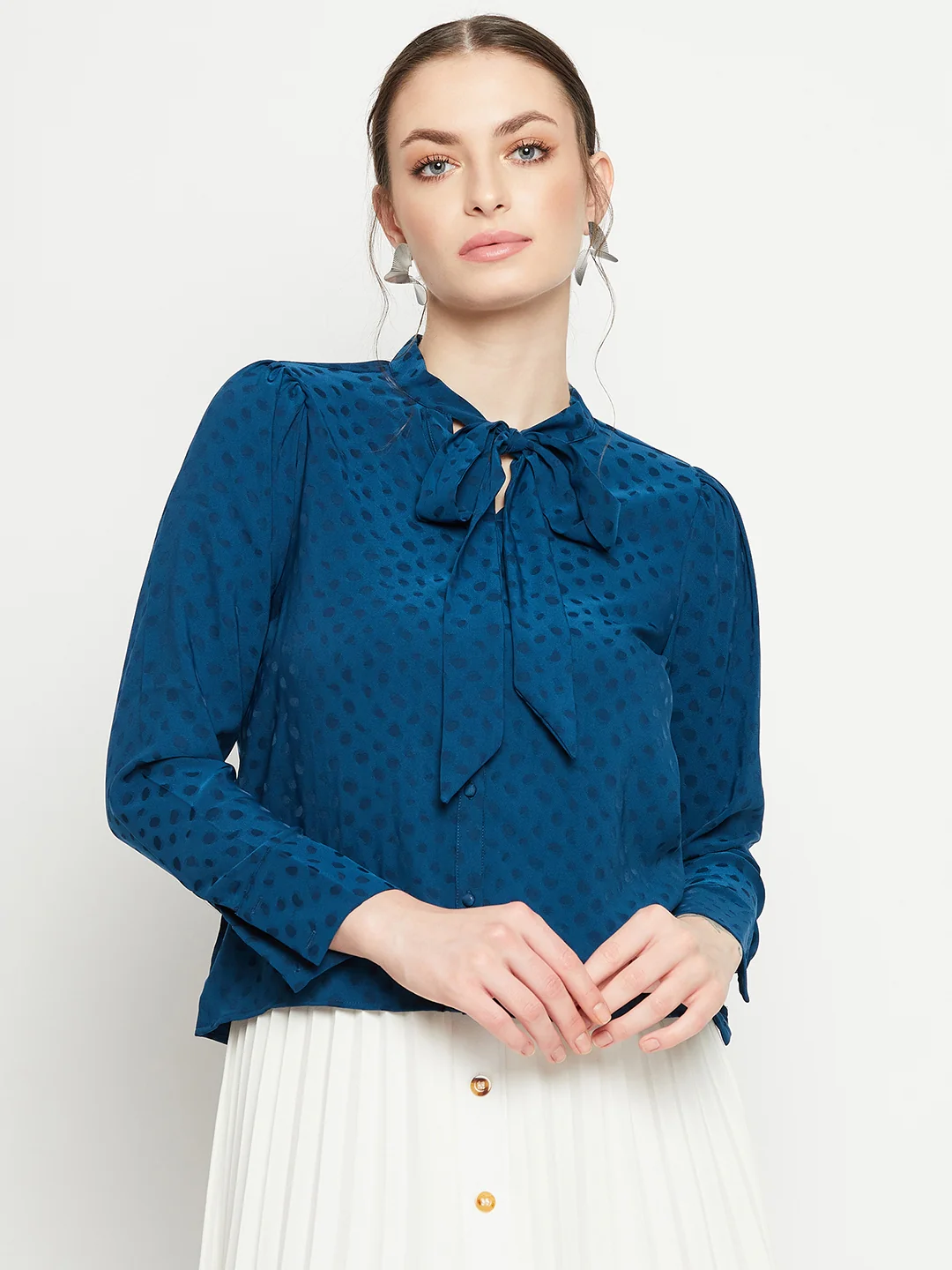 Madame Tie-Up Neck Full Sleeve Teal Shirt
