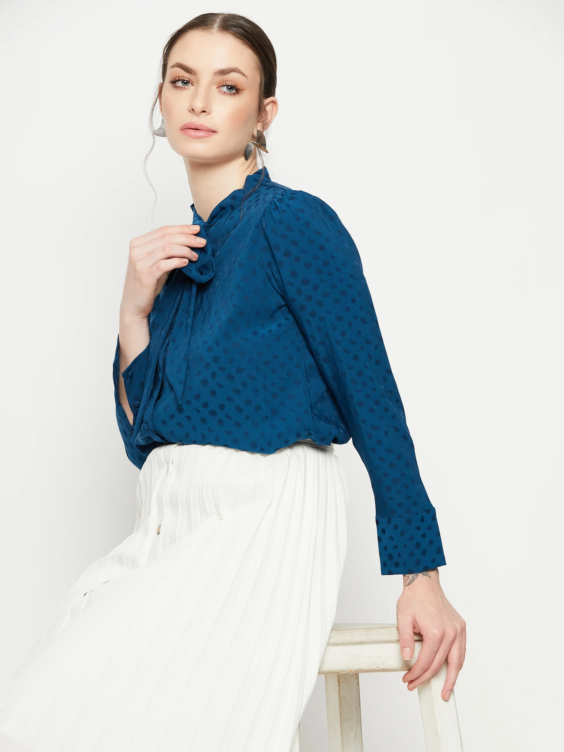 Madame Tie-Up Neck Full Sleeve Teal Shirt - Image 2