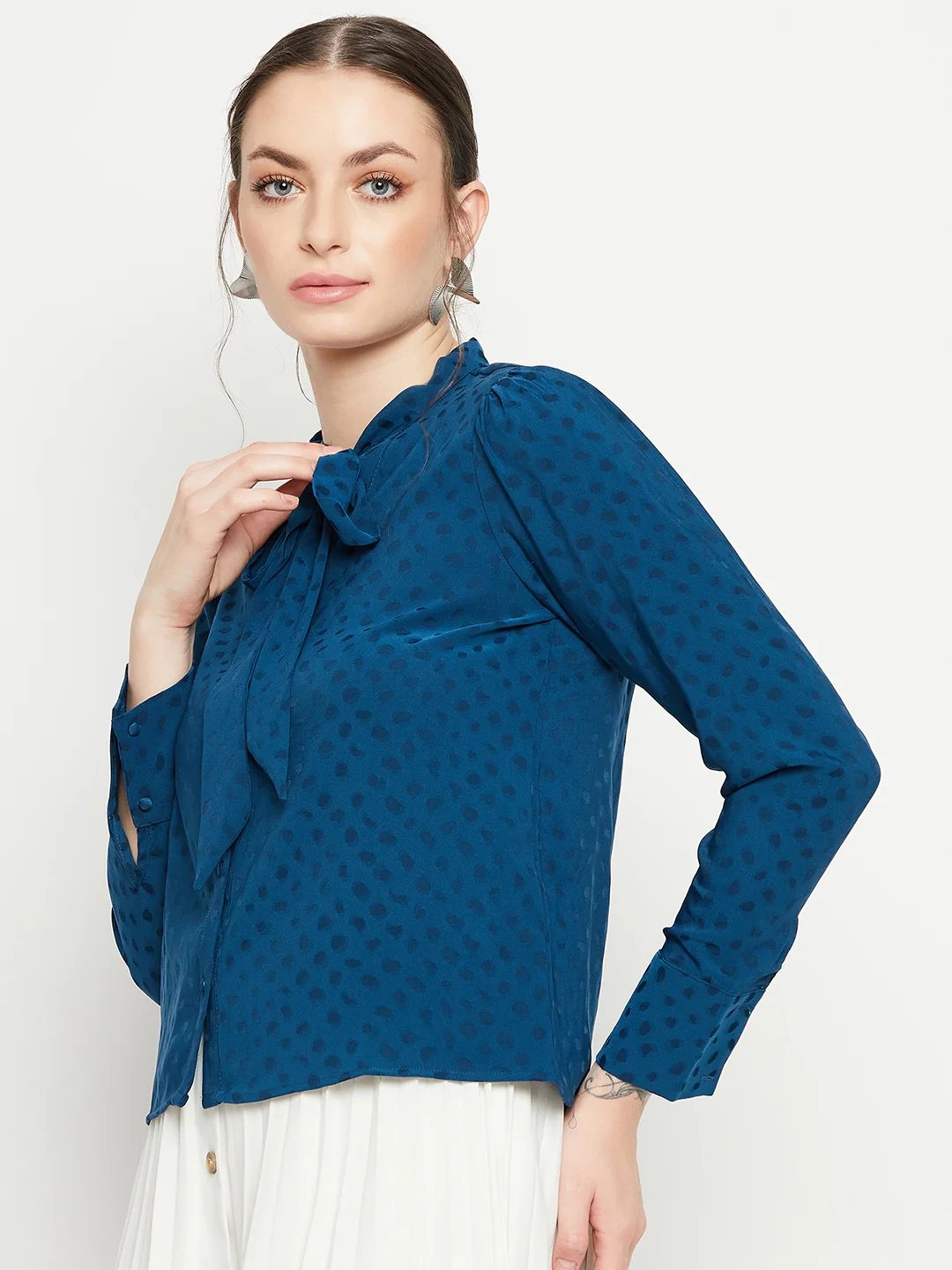Madame Tie-Up Neck Full Sleeve Teal Shirt - Image 5