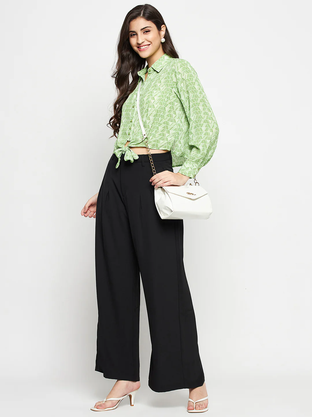 Madame Geometric Print Tie Front Green Shirt - Image 2