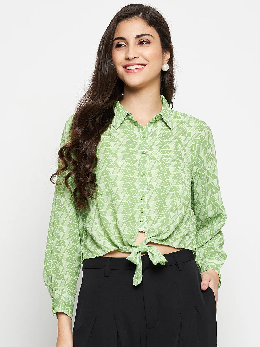 Madame Geometric Print Tie Front Green Shirt - Image 3