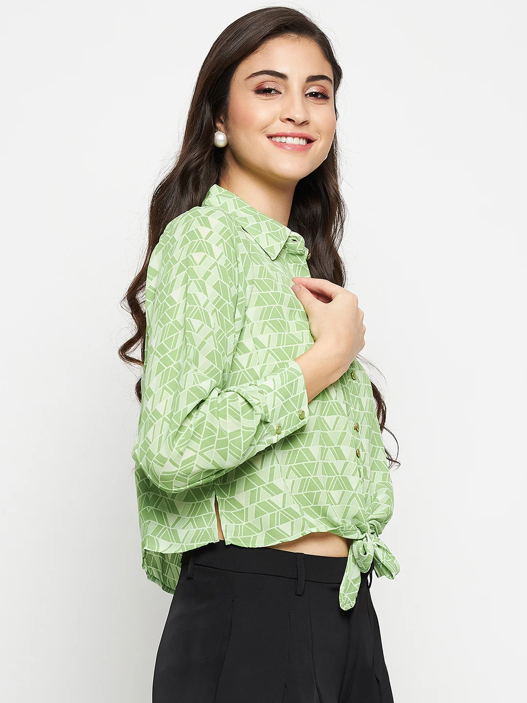 Madame Geometric Print Tie Front Green Shirt - Image 4