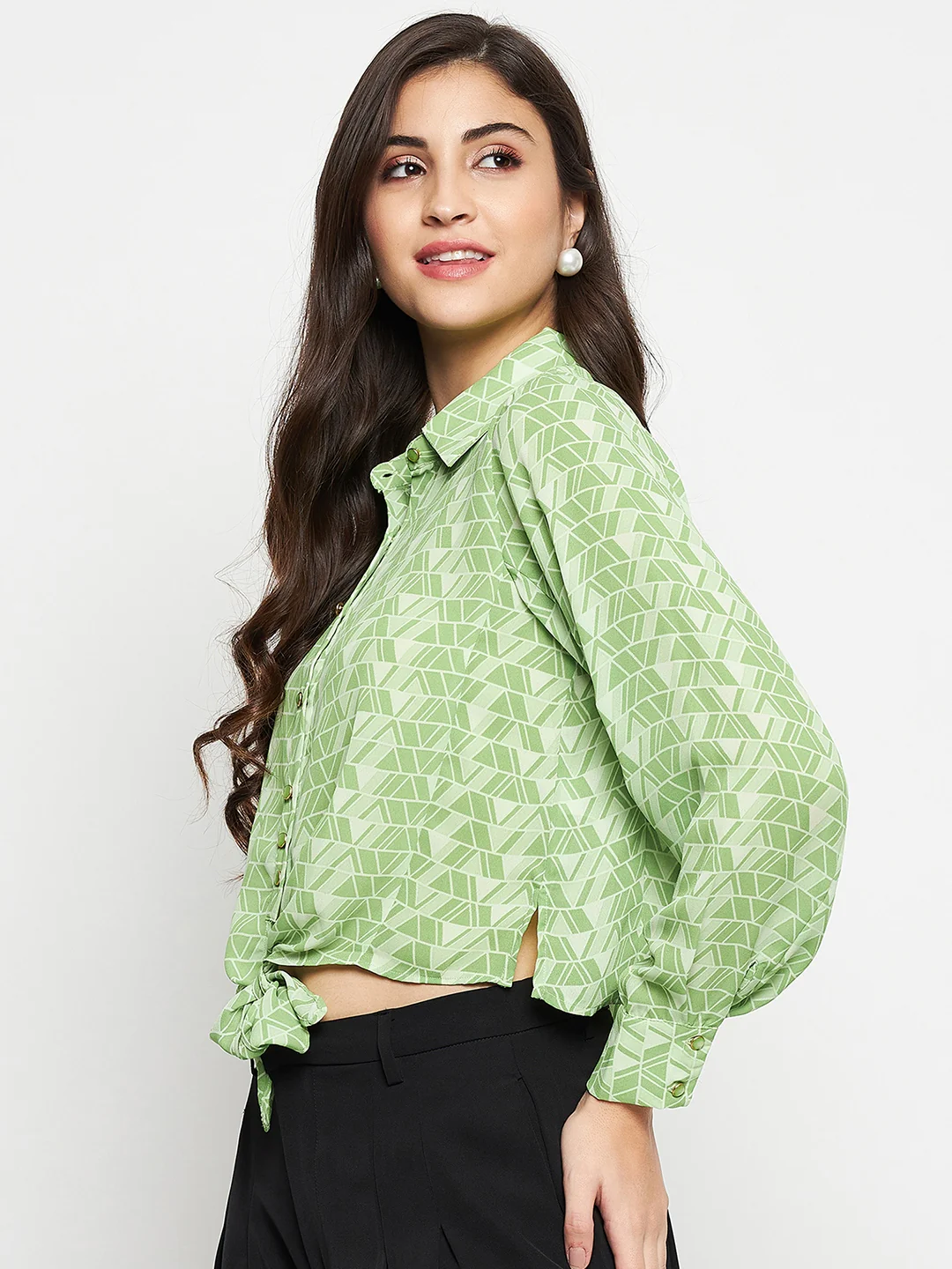 Madame Geometric Print Tie Front Green Shirt - Image 5