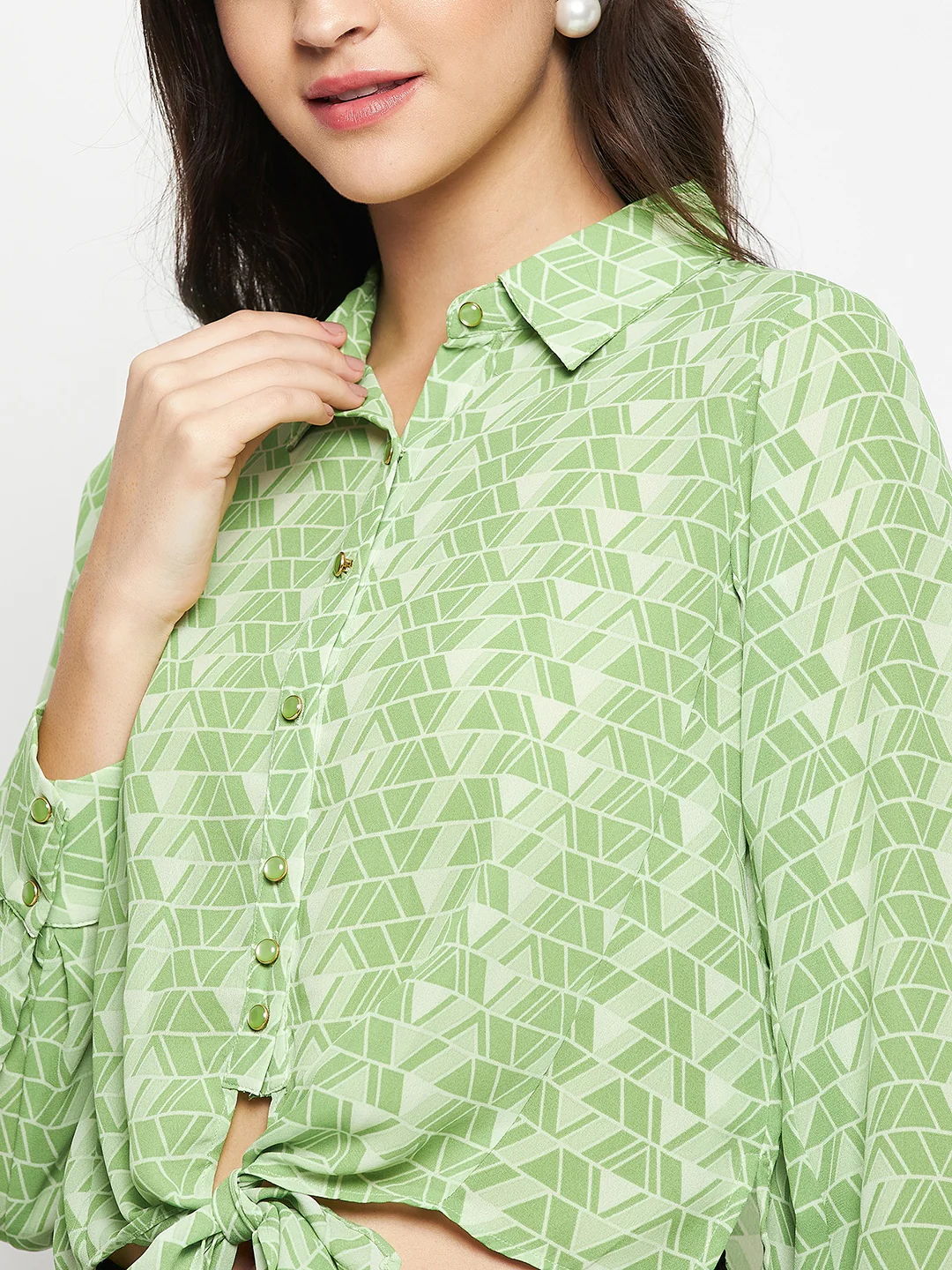 Madame Geometric Print Tie Front Green Shirt - Image 7