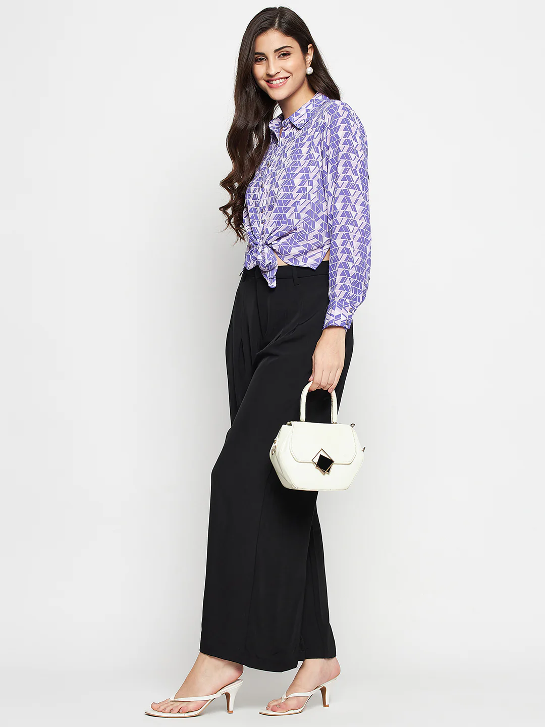 Madame Geometric Print Tie Front Purple Shirt - Image 2