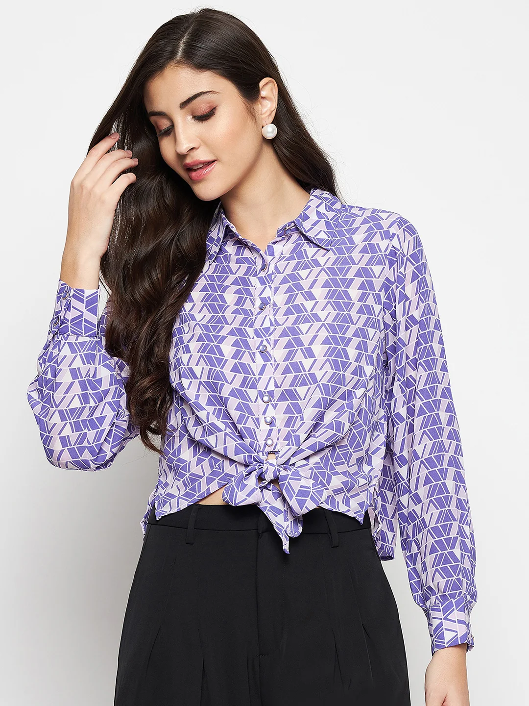Madame Geometric Print Tie Front Purple Shirt - Image 3