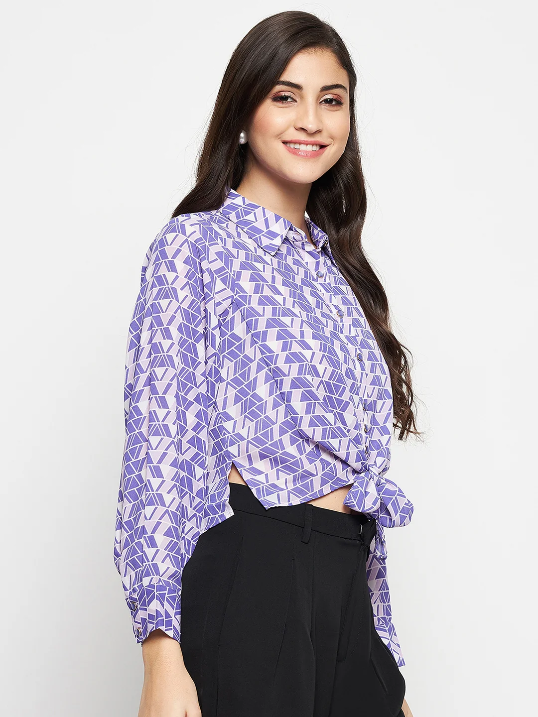 Madame Geometric Print Tie Front Purple Shirt - Image 4