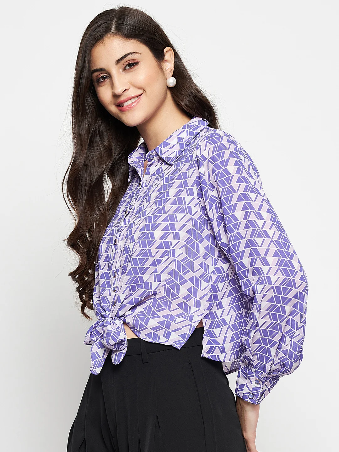 Madame Geometric Print Tie Front Purple Shirt - Image 5