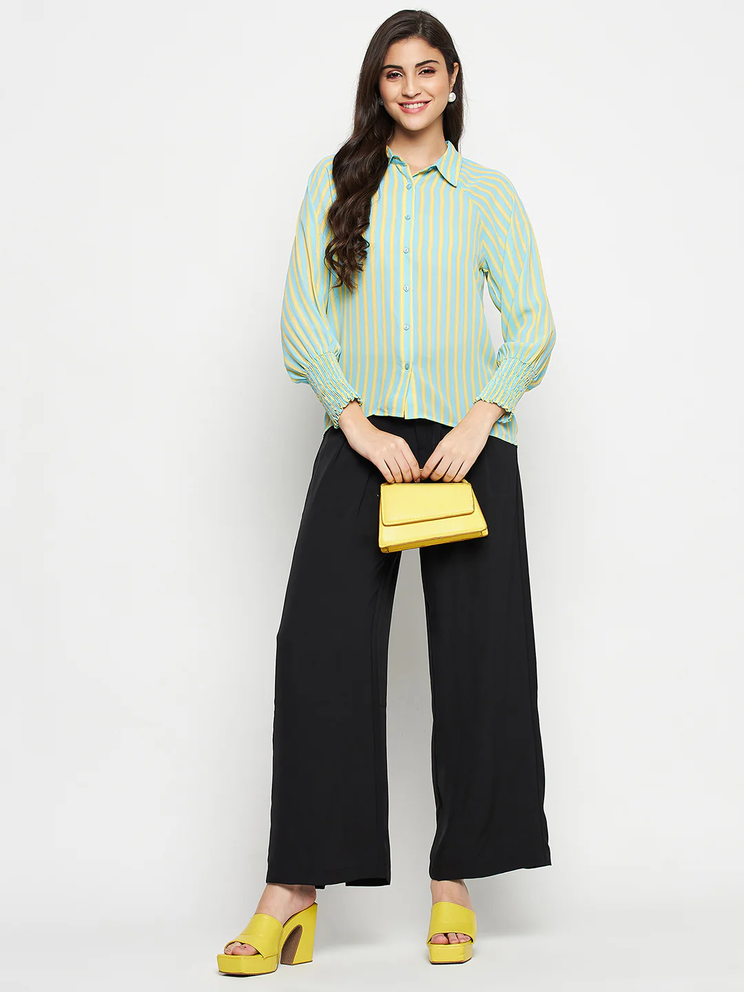 Madame Striped Smocked Cuffs Aqua Blue Shirt - Image 2