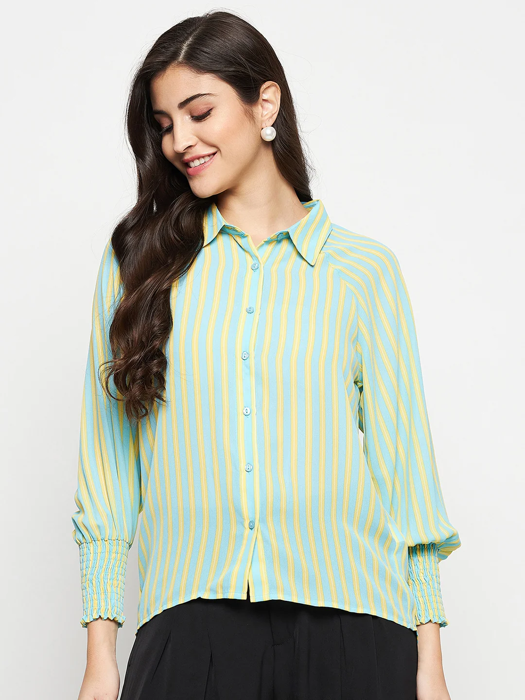 Madame Striped Smocked Cuffs Aqua Blue Shirt - Image 3