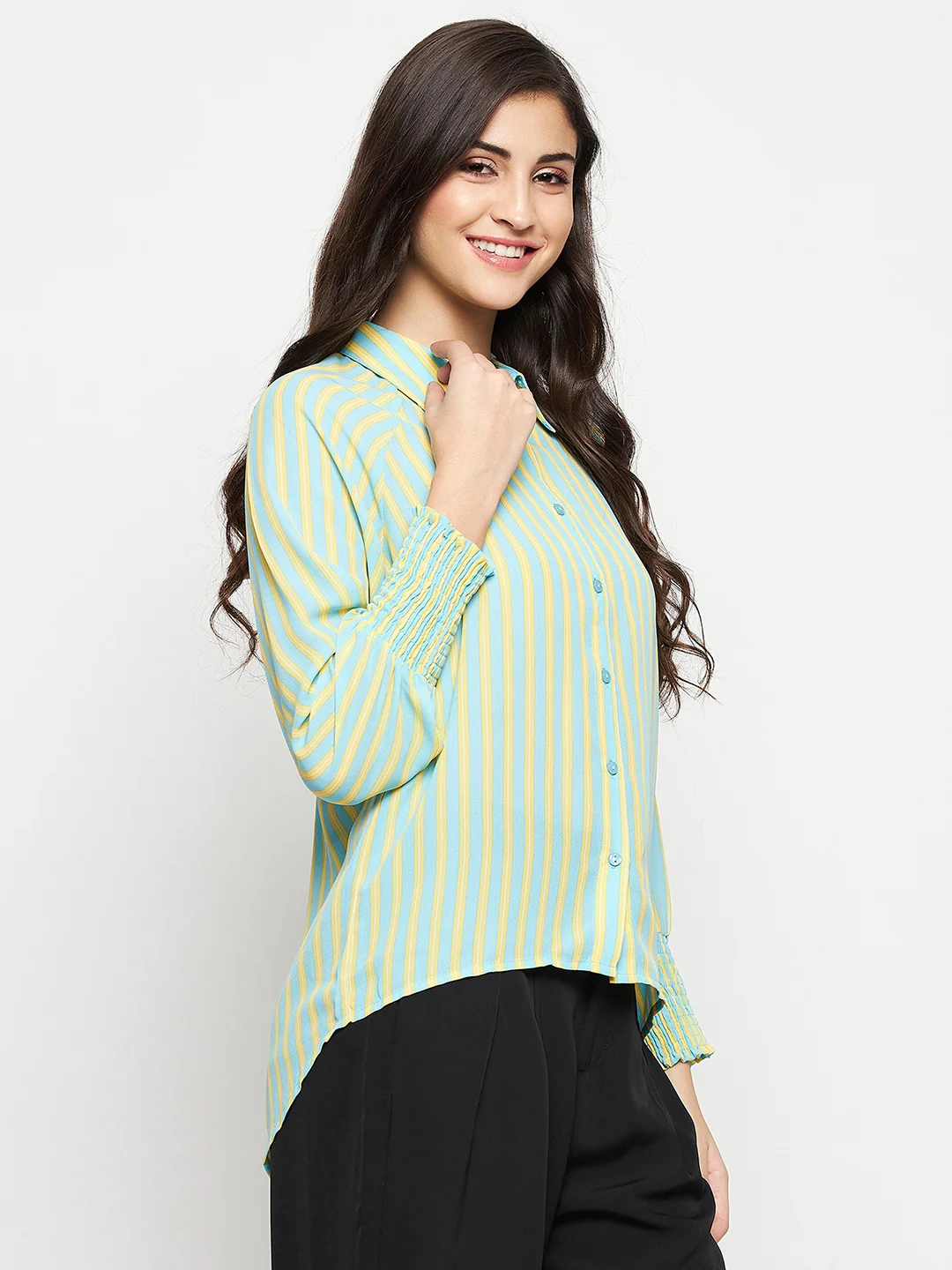 Madame Striped Smocked Cuffs Aqua Blue Shirt - Image 4