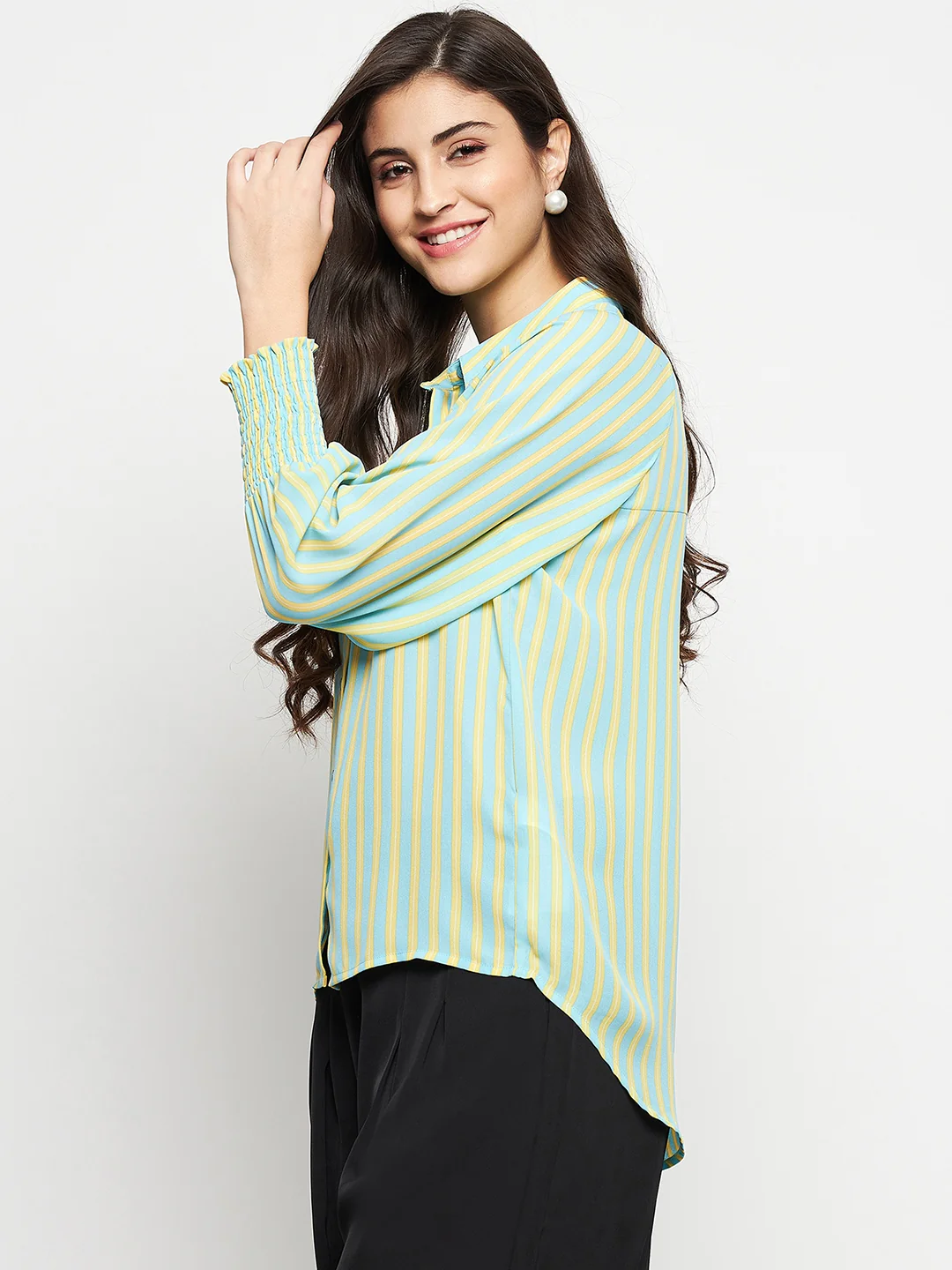 Madame Striped Smocked Cuffs Aqua Blue Shirt - Image 5