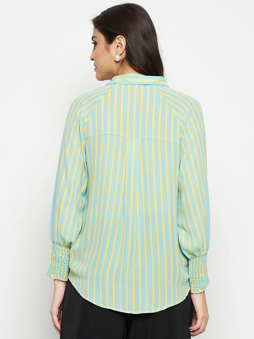 Madame Striped Smocked Cuffs Aqua Blue Shirt - Image 6