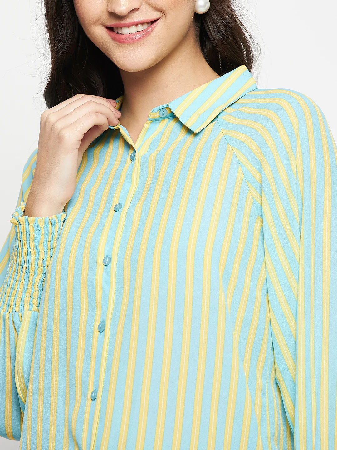 Madame Striped Smocked Cuffs Aqua Blue Shirt - Image 7