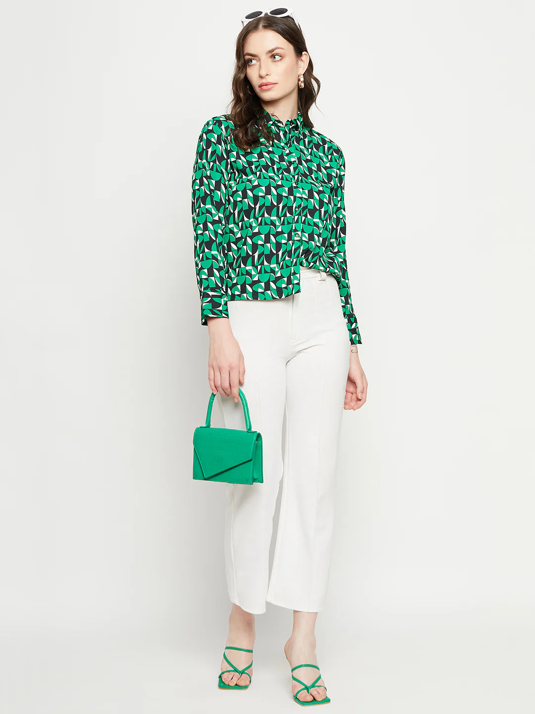Madame Geometric Print Full Sleeves Green Shirt - Image 2