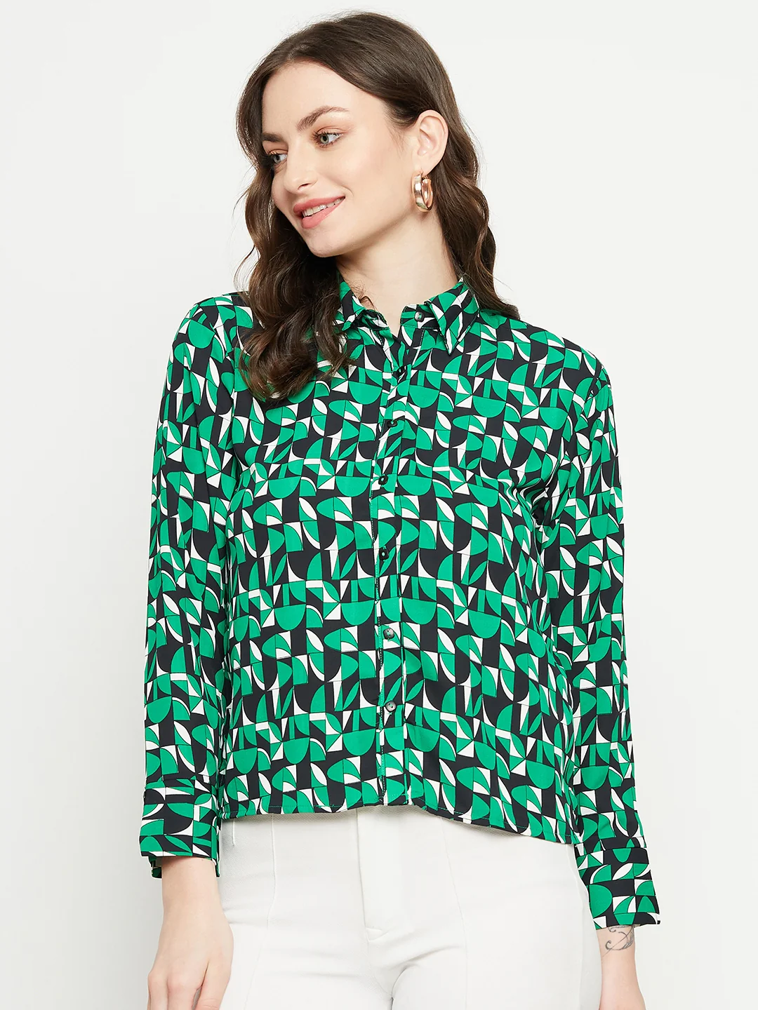 Madame Geometric Print Full Sleeves Green Shirt - Image 3