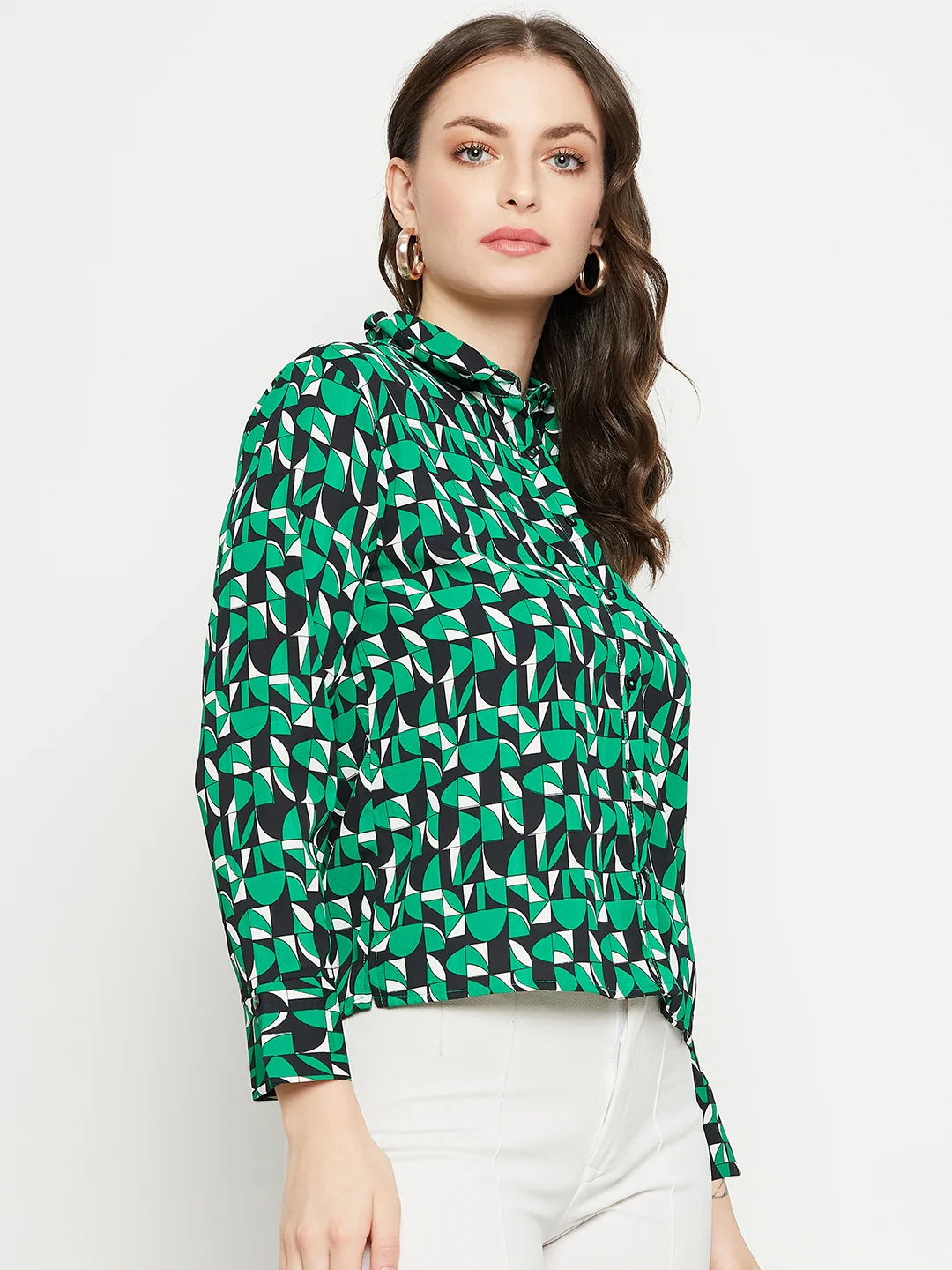 Madame Geometric Print Full Sleeves Green Shirt - Image 4