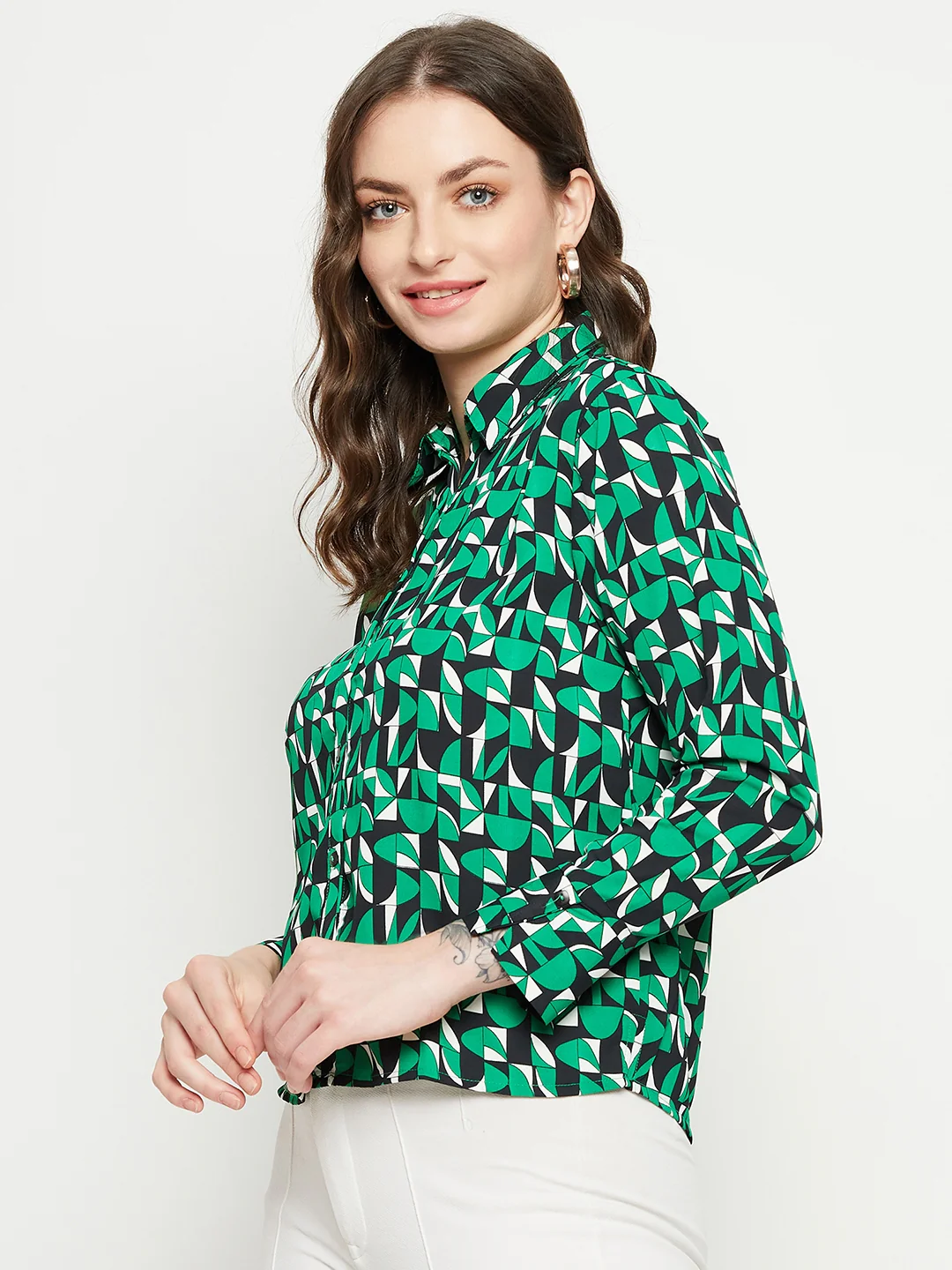 Madame Geometric Print Full Sleeves Green Shirt - Image 5