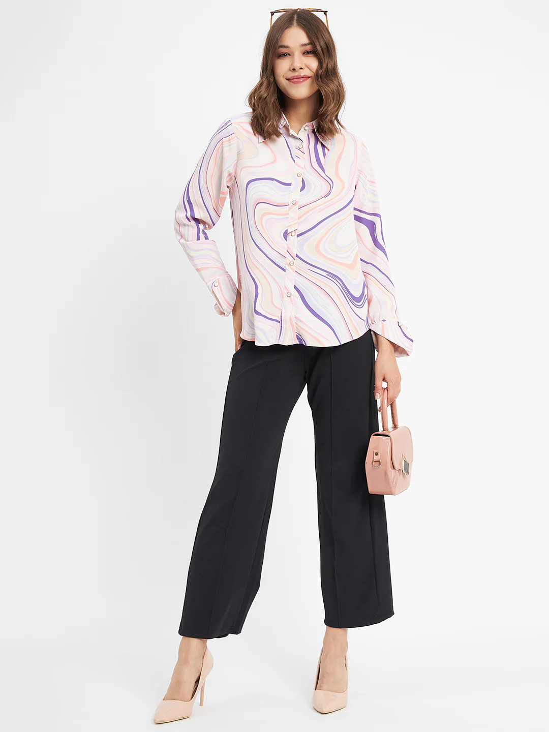 Madame Marble Print Collared Off White Shirt - Image 2